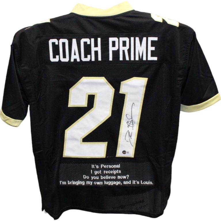 Deion Sanders Autographed/Signed College Style Black Stat Jersey Beckett 42775