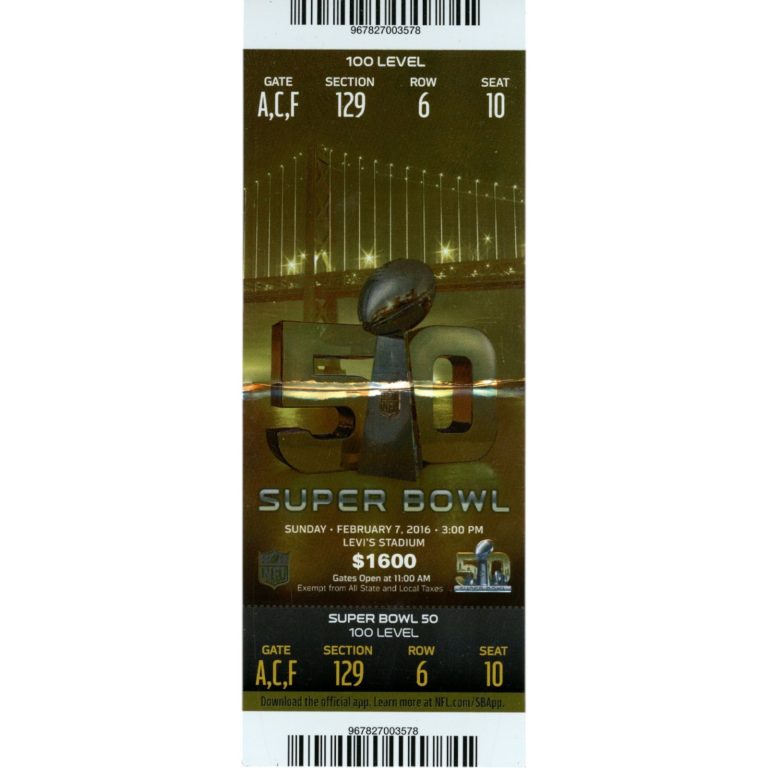 2016 Super Bowl 50 Denver Broncos vs. Panthers Ticket Section 129 Crease 50077
