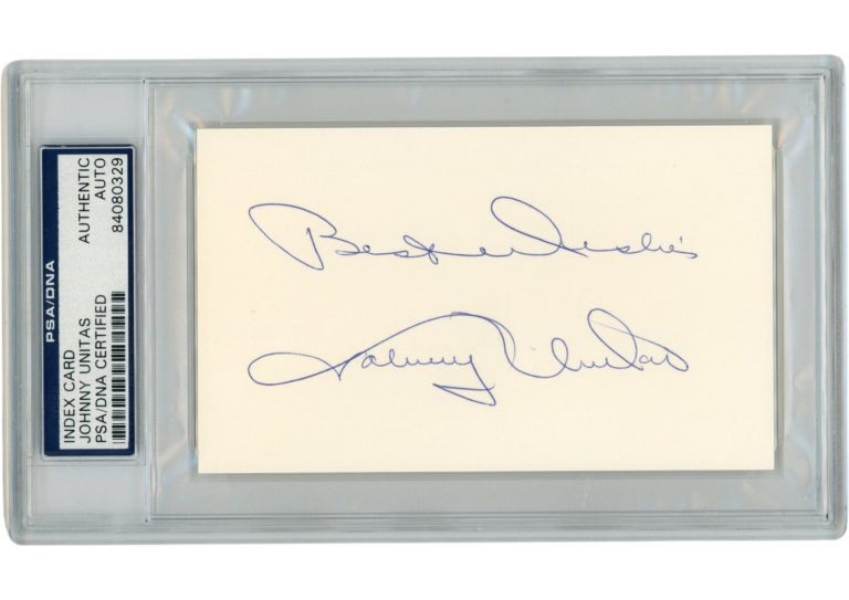 Johnny Unitas Autographed Baltimore Colts Index Card Best Wishes Slab PSA 54926