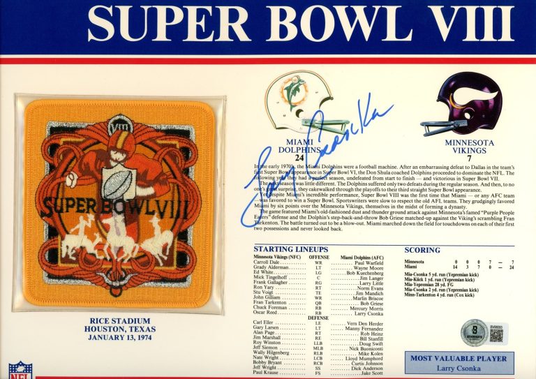 Larry Csonka Autographed Miami Dolphins SB VIII Patch Stat Card Beckett 54943