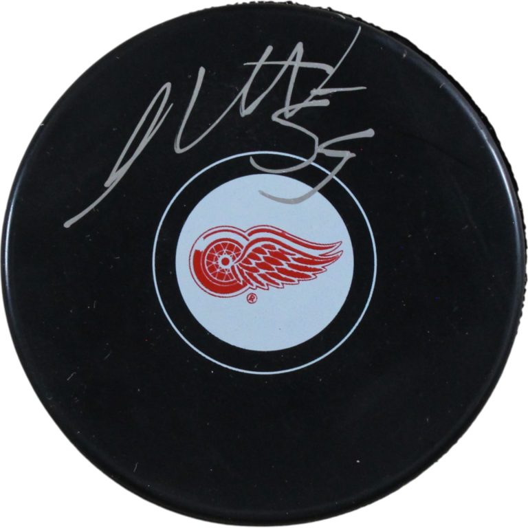 Moritz Seider Autographed/Signed Detroit Red Wings Logo Puck Fanatics 53841