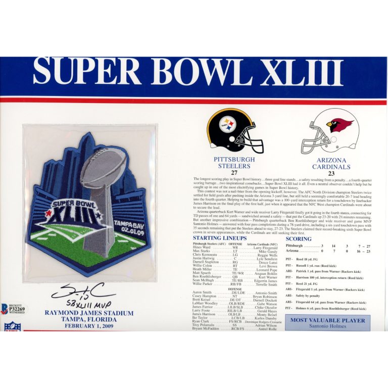 Santonio Holmes Signed Pittsburgh Steelers SB XLLIII Patch Card Beckett 55133