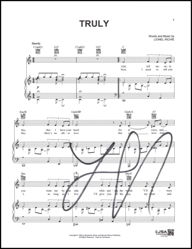 Lionel Richie Signed Autograph Truly Sheet Music - First #1 Solo Hit w/ JSA COA