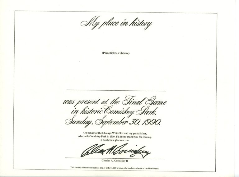 Chicago White Sox Comiskey Park Final Game 09/30/1990 Certificate 56270