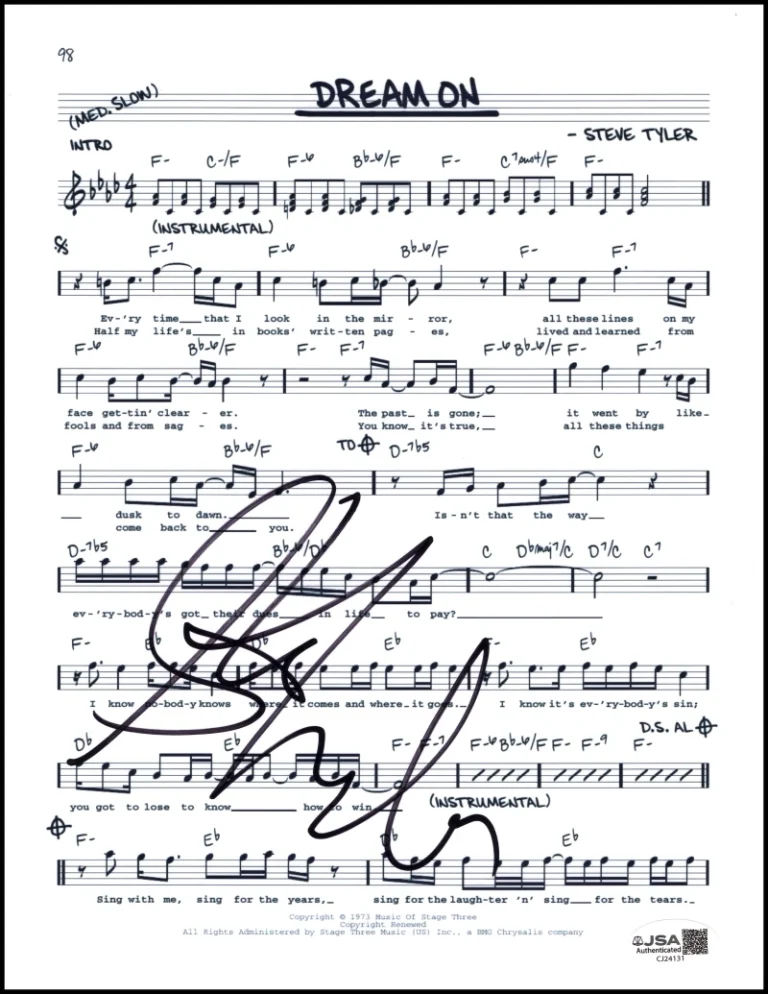 Steven Tyler Aerosmith Signed Autograph Dream On Sheet Music w/ JSA COA
