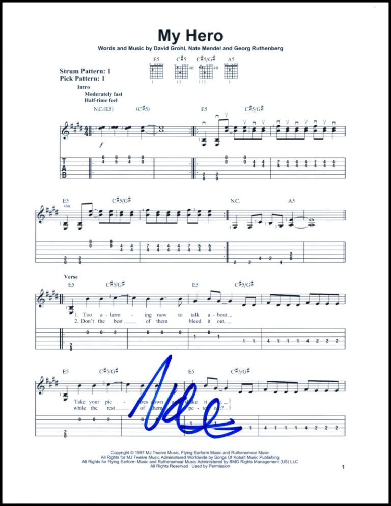 Nate Mendel Signed Autograph Foo Fighters My Hero Sheet Music w/ Dave Grohl