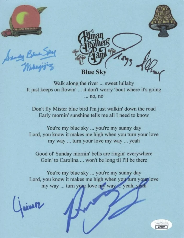 Allman Brothers Band x4 Signed Autograph Blue Sky Lyric Sheet - Gregg w/ JSA COA