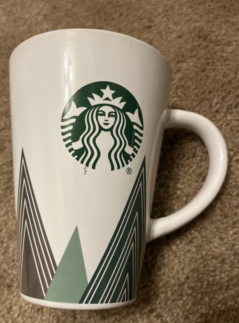 Starbucks White Green & Red Holiday Tree Triangle 16oz Coffee Mug