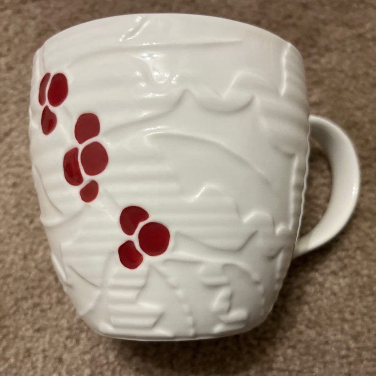 STARBUCKS Holly Berries Holiday Mug White Red Hand Painted 2010 Ceramic New