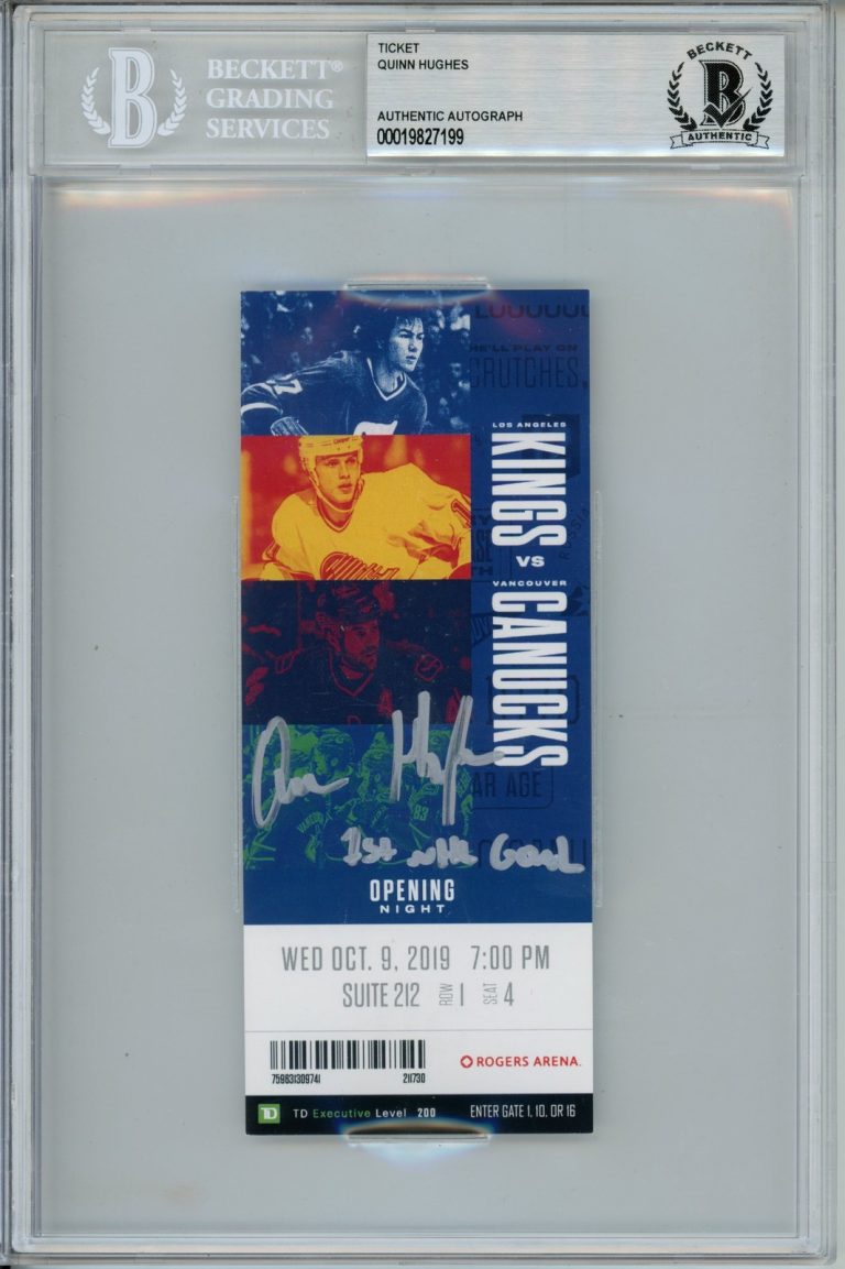 Quinn Hughes Signed Vancouver Canucks 10/9/19 1st NHL Goal Ticket Beckett 57194