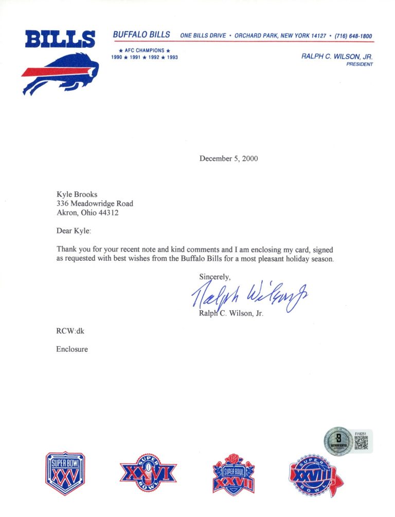 Ralph Wilson Jr Autographed Buffalo Bills Team Letter Personalized Beckett 57246