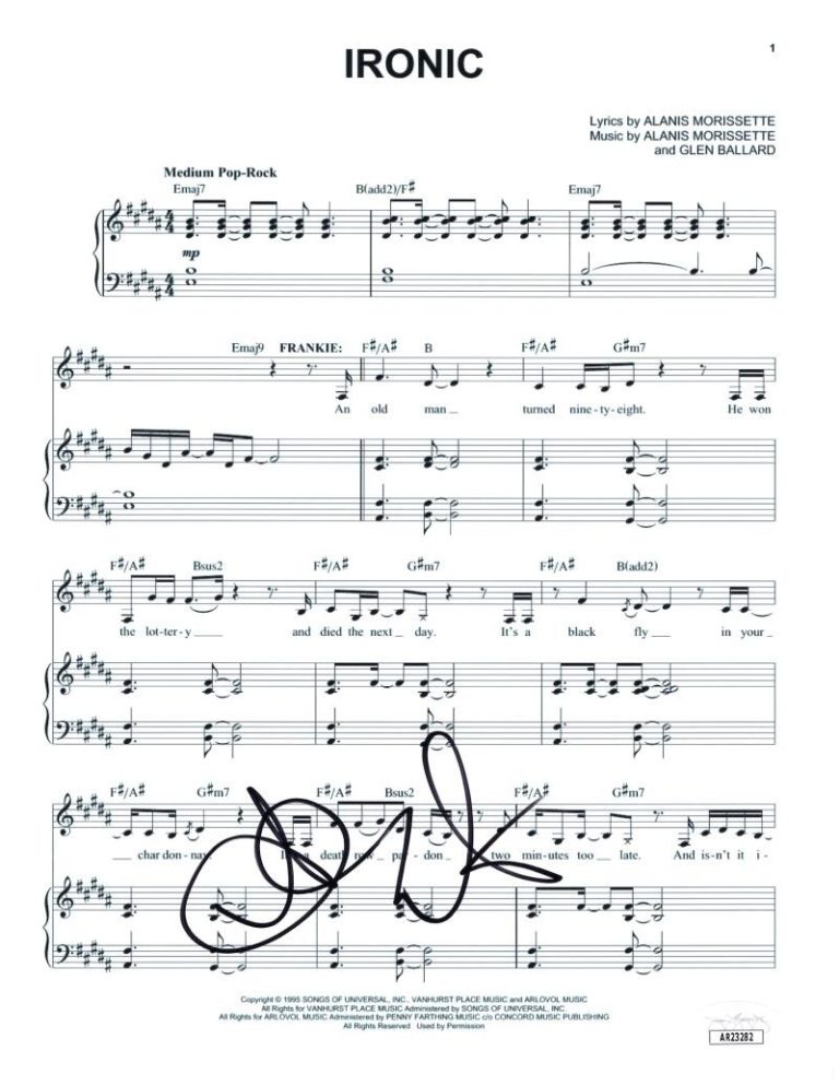 Alanis Morissette Signed Autograph Ironic Sheet Music Jagged Little Pill JSA COA
