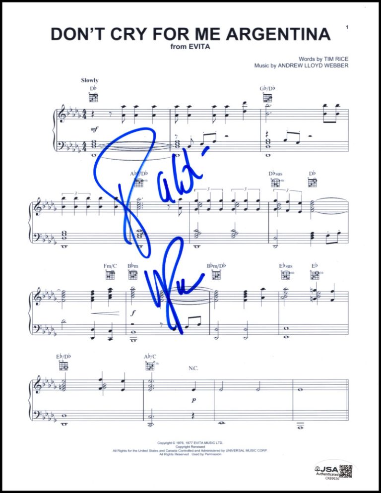 Patti LuPone Signed Autograph Evita - Don't Cry for Me Argentina Sheet Music JSA