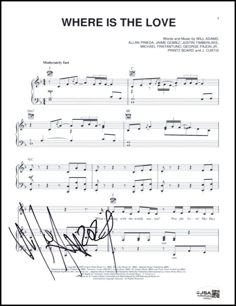 Will I Am Black Eyed Peas Signed Autograph Where is the Love Sheet Music JSA COA