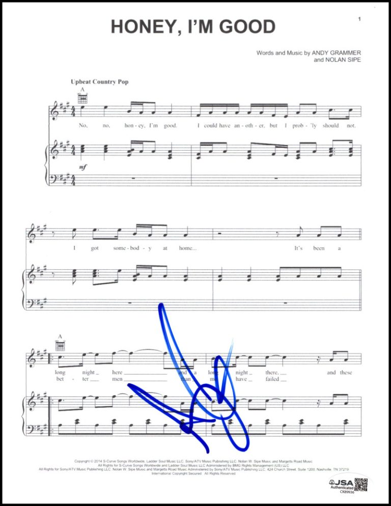 Andy Grammer Signed Autograph Honey I'm Good Sheet Music Magazines or Novels JSA