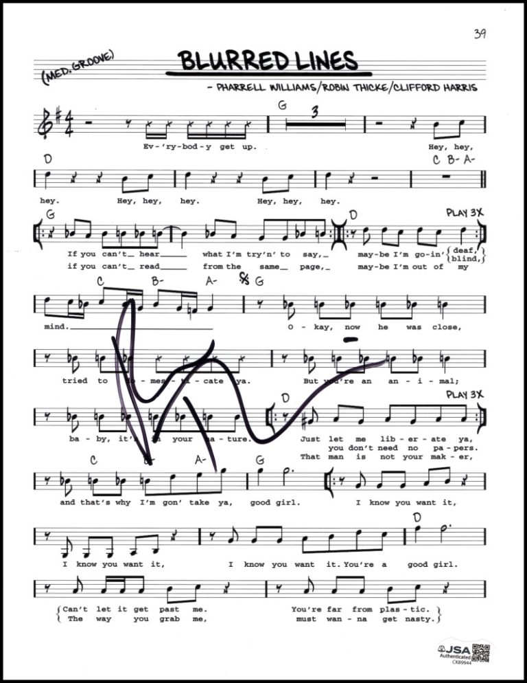 Robin Thicke Signed Autograph Blurred Lines Sheet Music - Evolution Of JSA COA