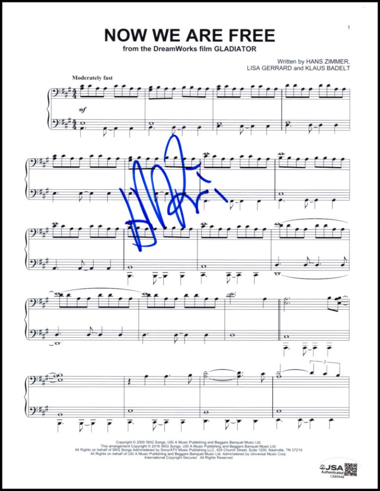 Hans Zimmer Signed Autograph Now We Are Free Sheet Music from Gladiator JSA COA
