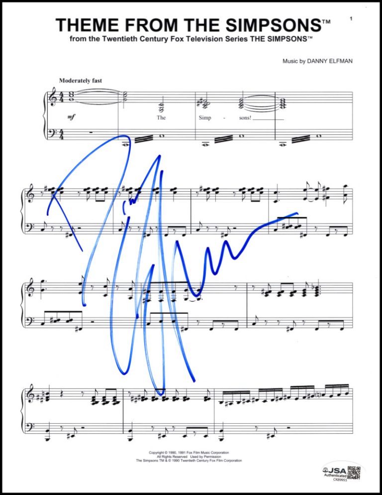 Danny Elfman Signed Autograph The Simpsons Theme Sheet Music w/ JSA COA
