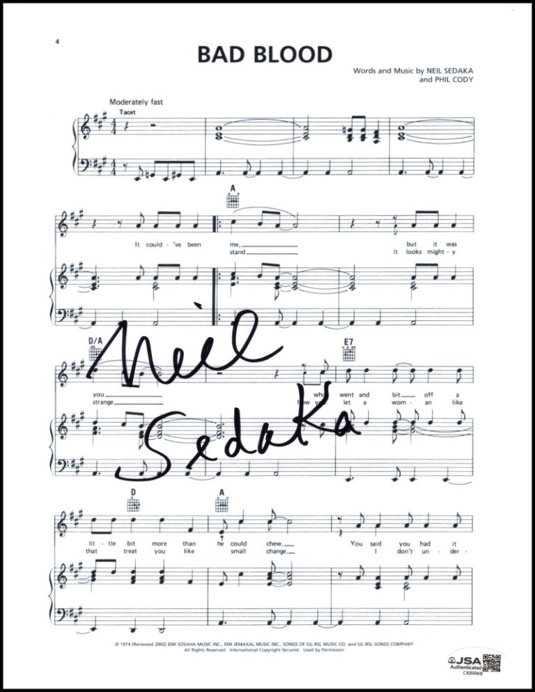 Neil Sedaka Signed Autograph Bad Blood Sheet Music - The Hungry Years w/ JSA COA