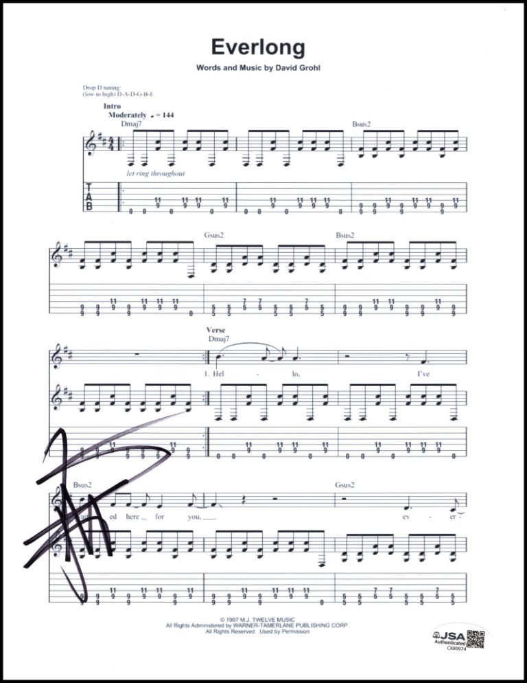 Pat Smear Foo Fighters Signed Autograph Everlong Sheet Music w/ JSA COA