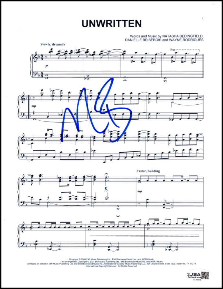 Natasha Bedingfield Signed Autograph Unwritten Sheet Music - Strip Me w/ JSA COA