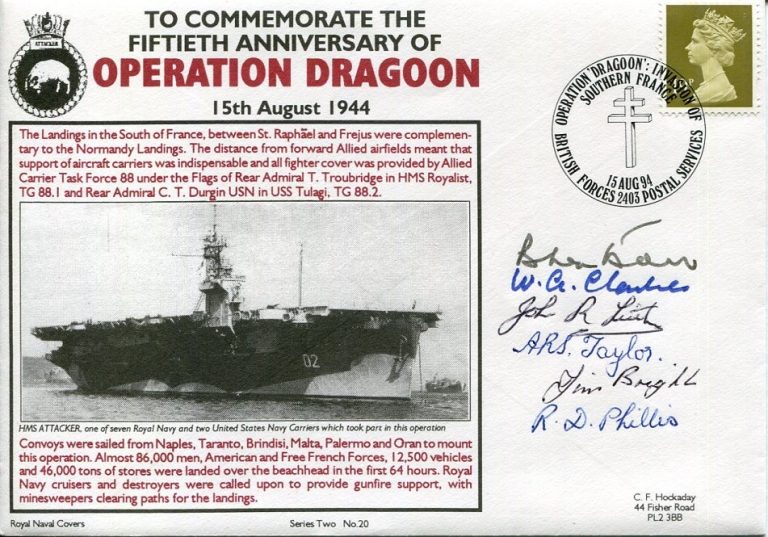 Operation Dragoon HMS Royalist USS Tulagi WWII War 6 Crew Signed Autograph