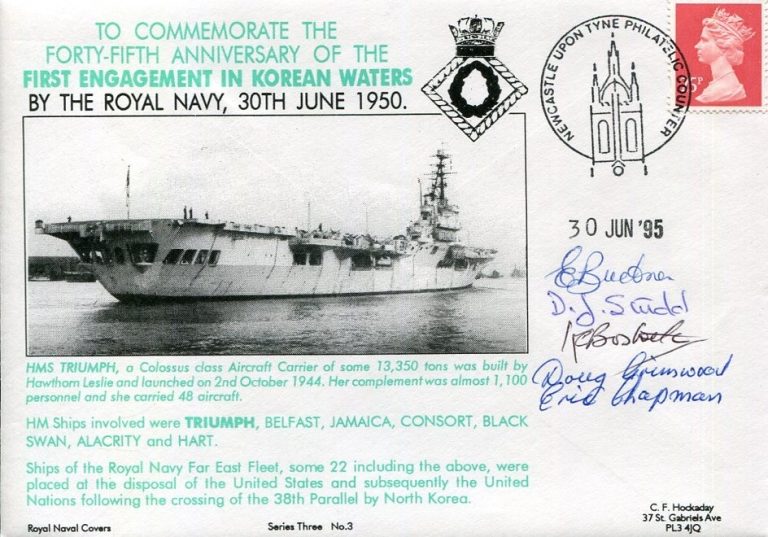HMS Triumph Royal Navy 5 Veterans Korean Waters WWII War Signed Autograph