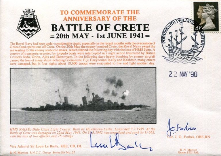 Vice Admiral Louis Le Bailly J. G. Forbes Battle Crete WWII War Signed Autograph