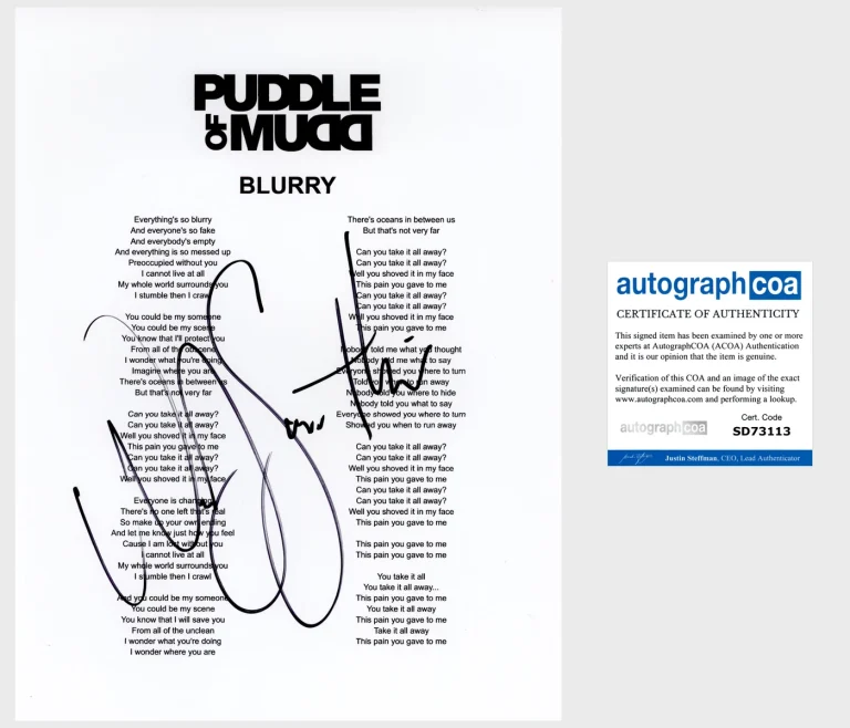 WES WESLEY SCANTLIN SIGNED PUDDLE OF MUDD BLURRY LYRIC SHEET w/PROOF & ACOA COA