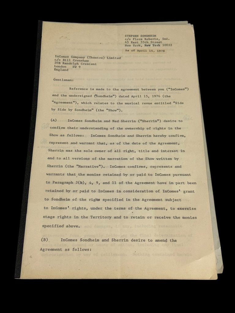 Stephen Sondheim Ned Sherrin Side By Side British Show Signed Autograph Contract