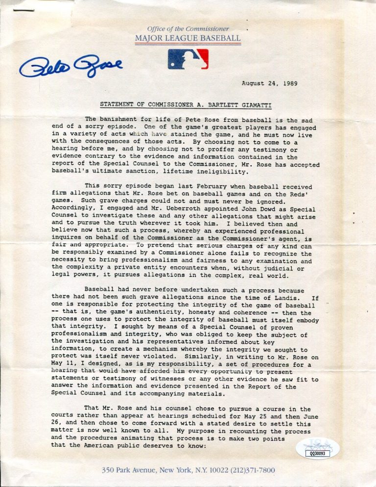 Pete Rose Cincinnati Signed Autograph Banned Baseball Commissioner Statement JSA