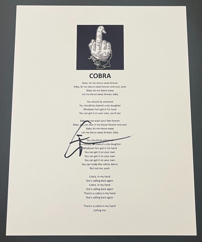 CAMERON WINTER SIGNED AUTOGRAPH GEESE COBRA LYRIC SHEET w/PROOF & COA
