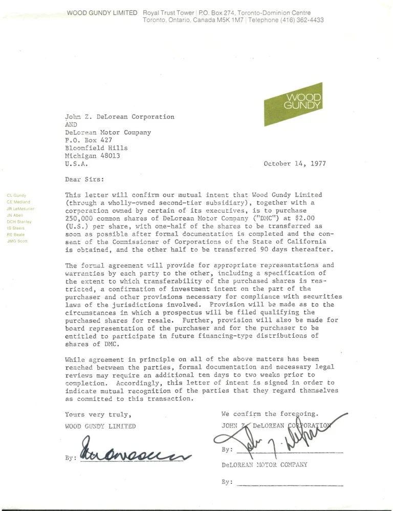 John DeLorean Signed Autograph Letter Agreement Contract JSA Back To The Future