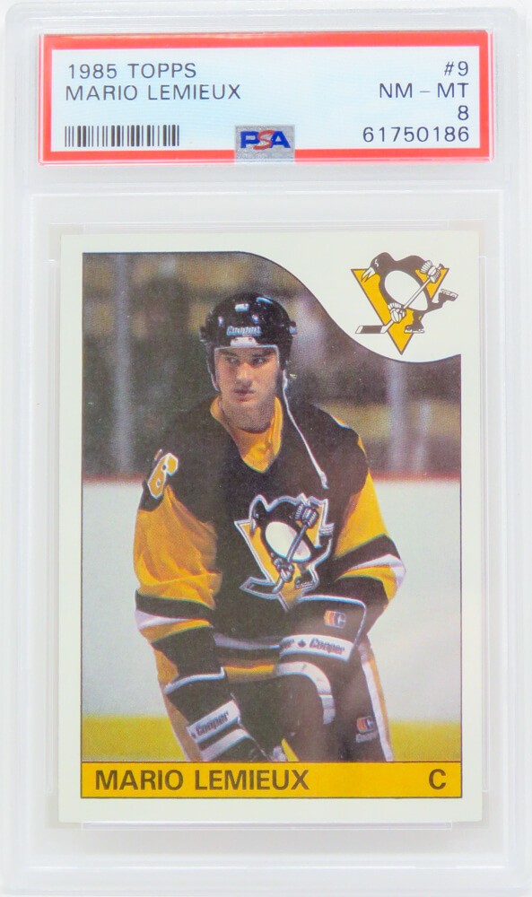 Mario Lemieux Pittsburgh Penguins 1985 Topps RC Rookie Card #9 (PSA 8 NM-MT)(G)