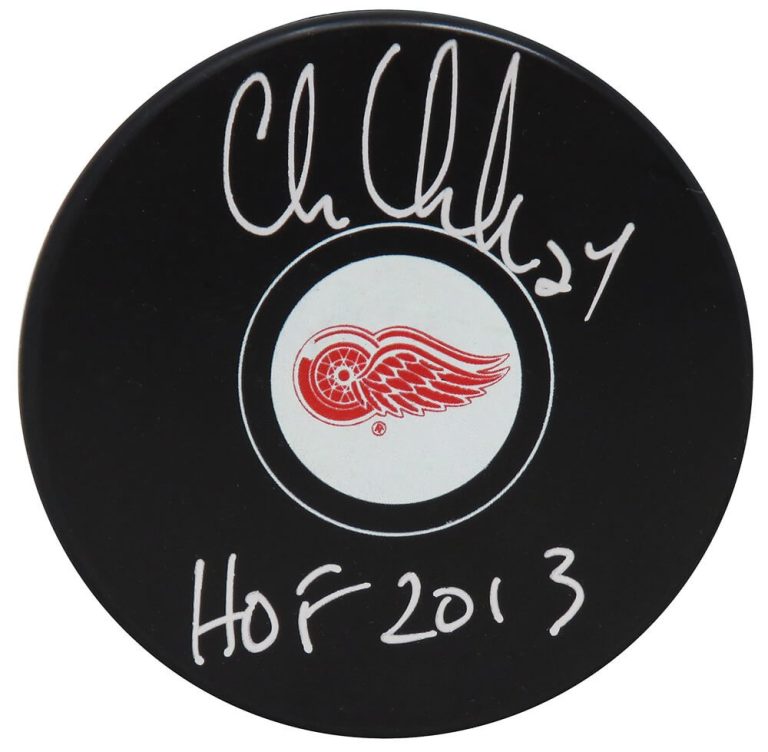 CHRIS CHELIOS Signed Red Wings Logo Hockey Puck w/HOF 2013 - SCHWARTZ