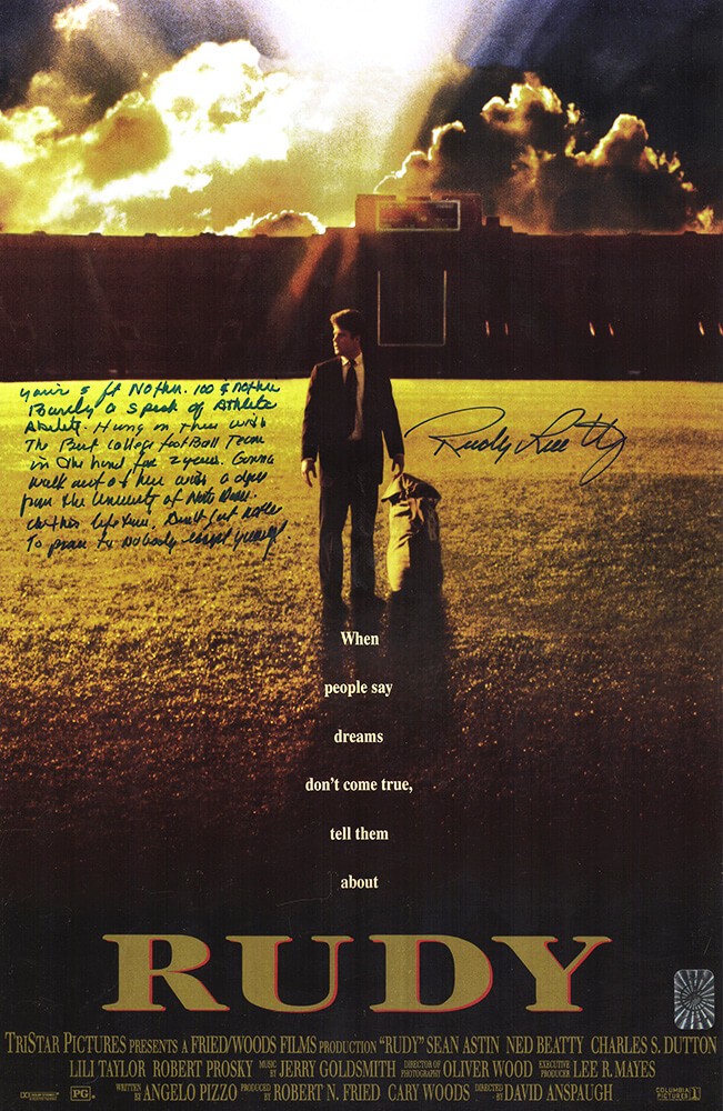 Rudy Ruettiger Signed 'Rudy' 11×17 Movie Poster w/Full Quote - (SCHWARTZ COA)