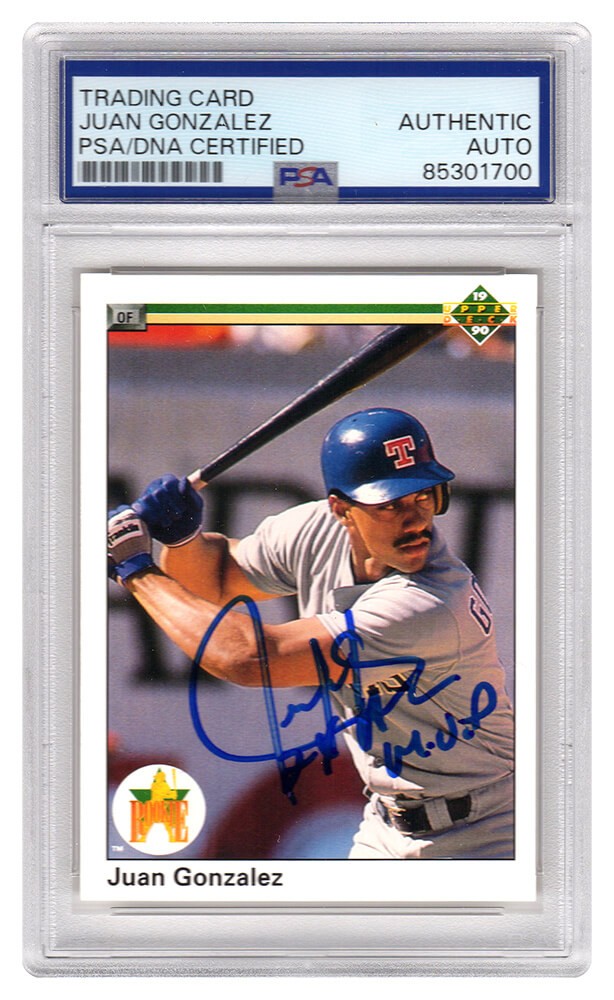 Juan Gonzalez Signed Rangers 1990 Upper Deck Rookie Card #72 w/2x AL MVP -(PSA)