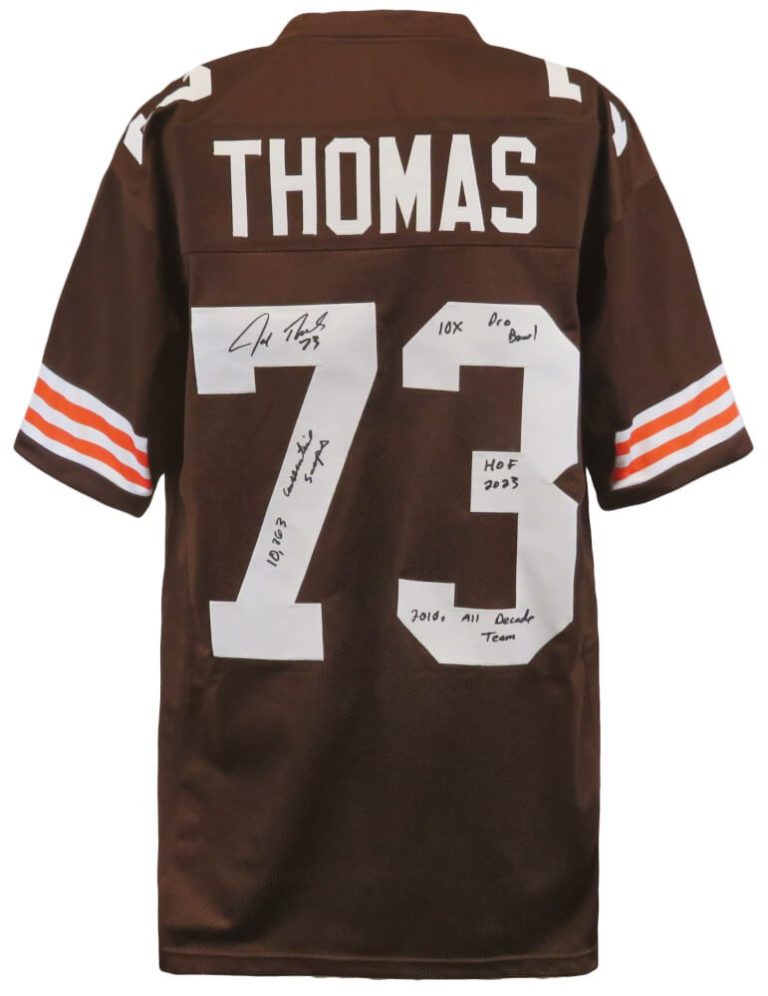 Joe Thomas Signed Brown Custom Football Jersey w/4-Inscriptions - (SCHWARTZ COA)