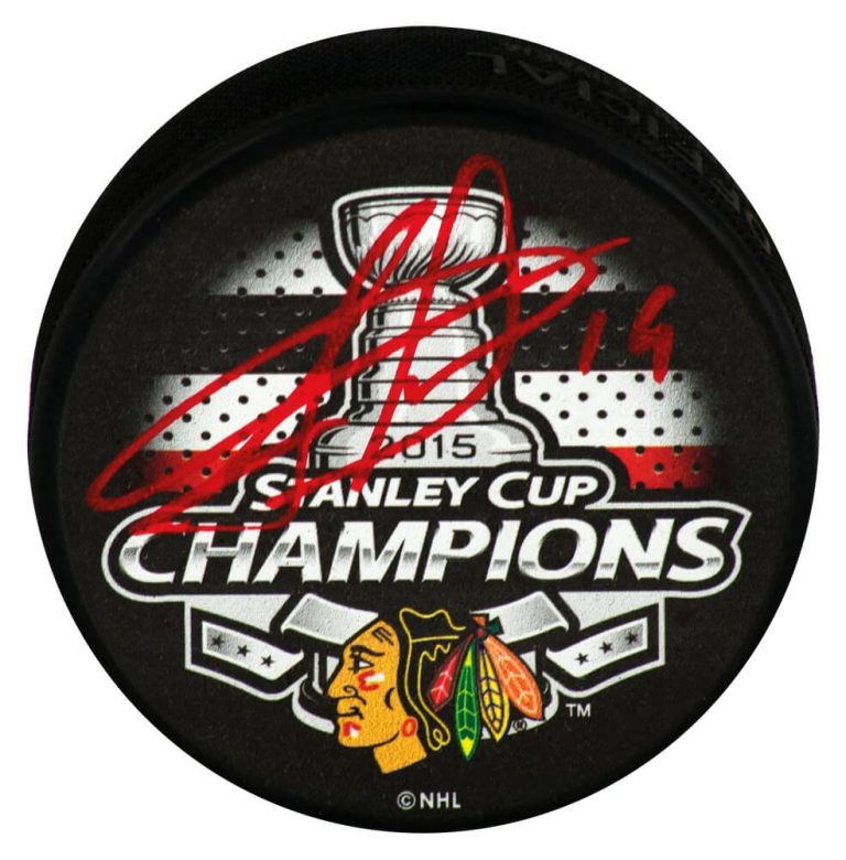 Jonathan Toews Signed Blackhawks 2015 SC Champs Hockey Puck (In Red) - (SS COA)