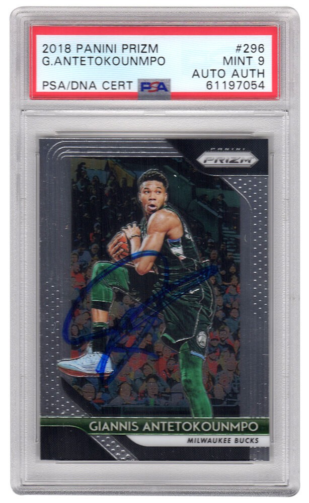 Giannis Antetokounmpo Signed Bucks 2018 Panini Prizm Card #296 - (PSA / Auto 9)