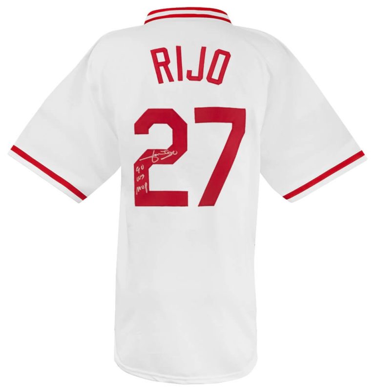 Jose Rijo (REDS) Signed White Custom Baseball Jersey w/90 WS MVP -(SCHWARTZ COA)