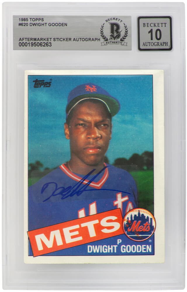 Dwight Gooden Signed Mets 1985 Topps Card #620 (Beckett /Auto Sticker /Grade 10)