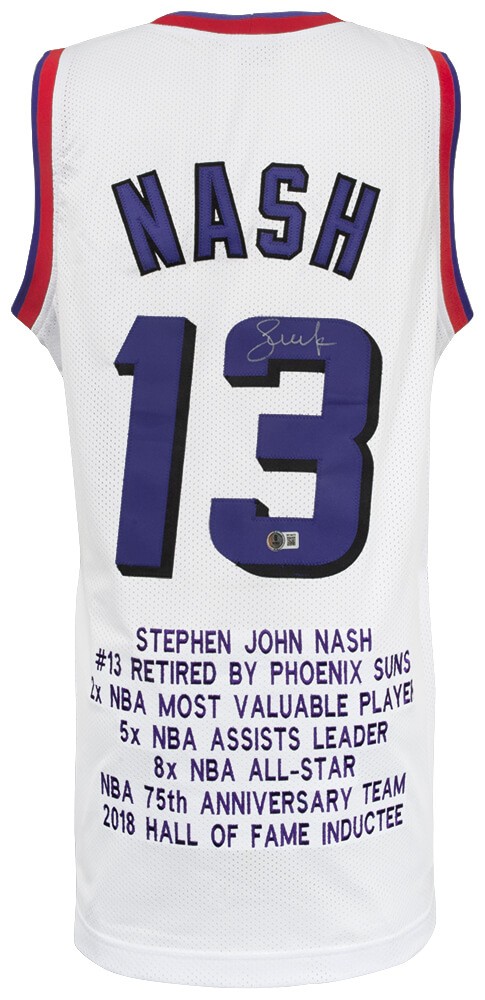 Steve Nash Signed White Embroidered Stat Basketball Custom Jersey -(BECKETT COA)