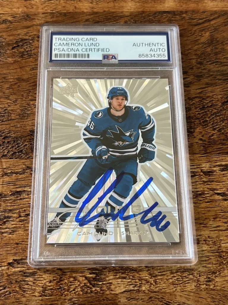 Cam Lund IP Signed Signed Young Guns Silver Outburst Card PSA DNA Slab Sharks