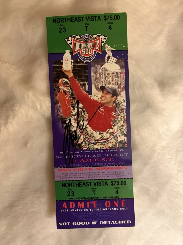 Helio Castroneves (2001 Winner) Signed Indianapolis Indy 500 Ticket 2002 Race