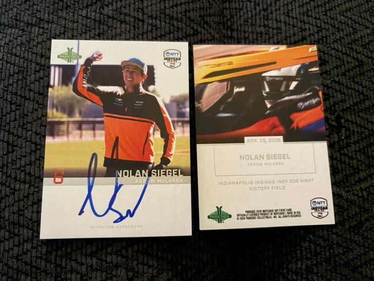 Signed Nolan Siegel 2026 Indy 500 Night Butler Parkside Trading Card 4/18/26