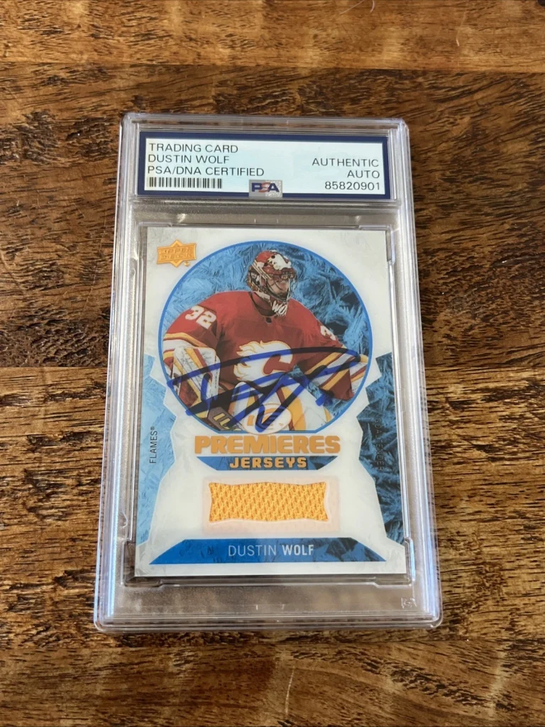 Dustin Wolf IP Signed UD Ice Premieres Jerseys RC Card PSA DNA Slab Flames Auto