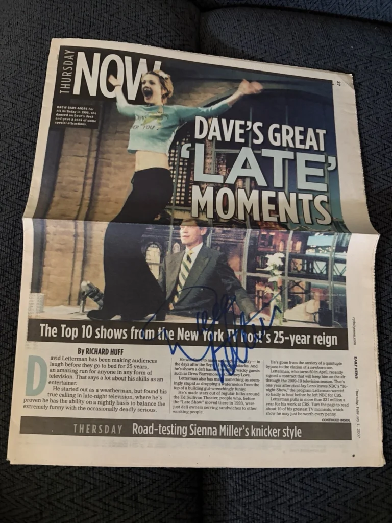 David Letterman Signed Thursday Now Newspaper 2/1/2007