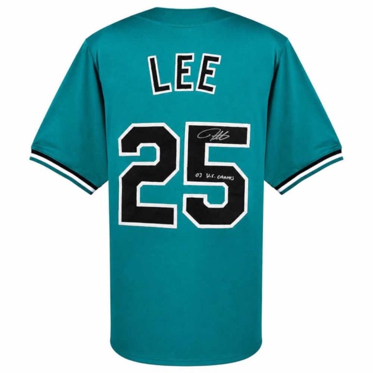 Derrek Lee Signed Teal Throwback Custom Baseball Jersey w/03 WS Champs -(SS COA)