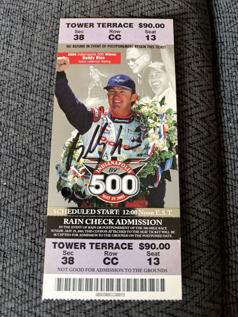 2005 Indy 500 Signed Ticket Stub Indianapolis 2004 Buddy Rice Winner